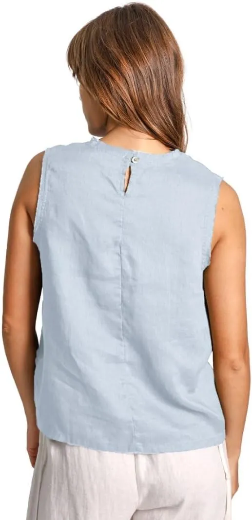 Amazhiyu Womens 100% Linen Summer Scoop Neck Tank Tops Sleeveless Raw Edge Blouse