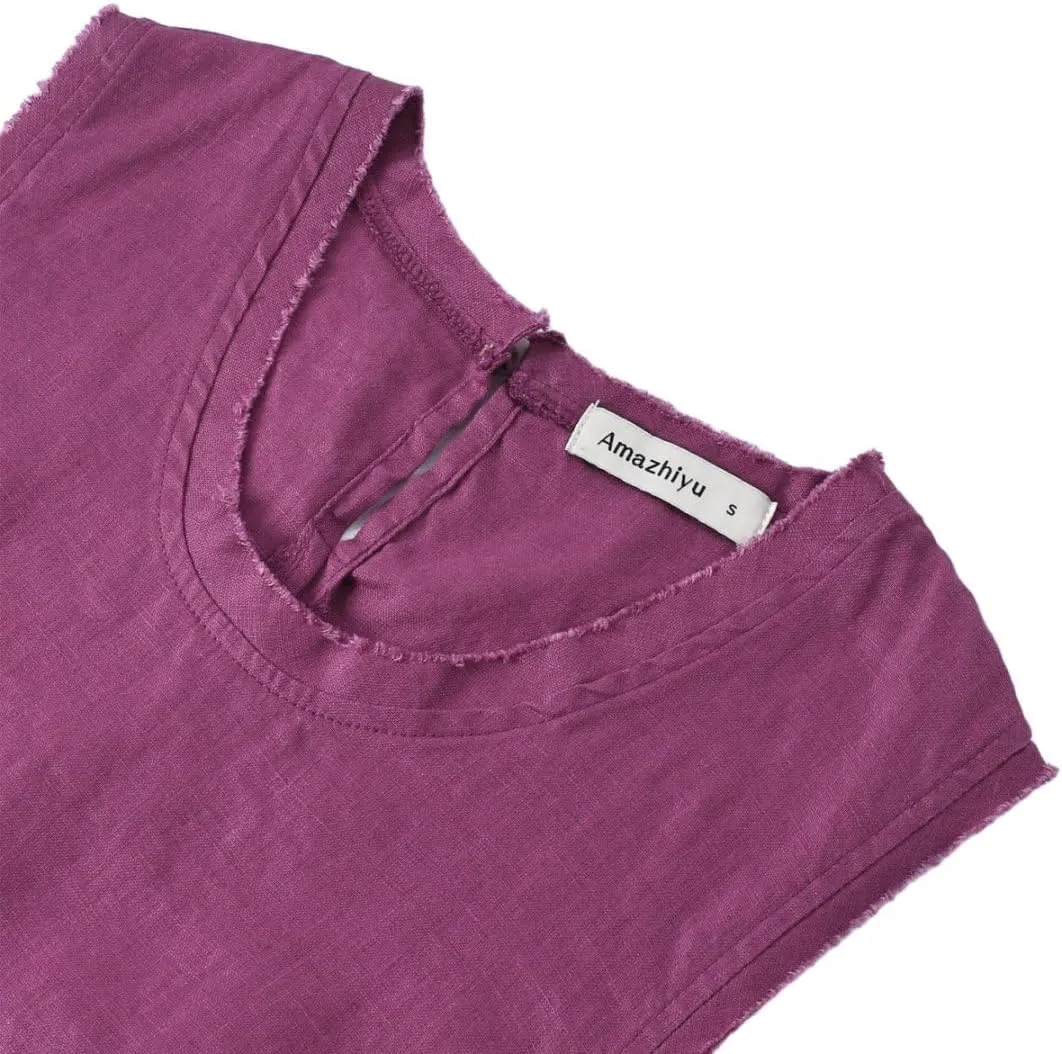 Amazhiyu Womens 100% Linen Summer Scoop Neck Tank Tops Sleeveless Raw Edge Blouse