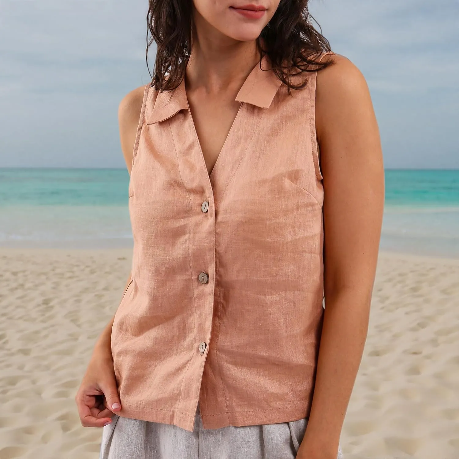 Amazhiyu Women's 100% Linen Summer Sleeveless Button-Down Tops Slight Crop Vest