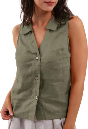 Amazhiyu Women's 100% Linen Summer Sleeveless Button-Down Tops Slight Crop Vest