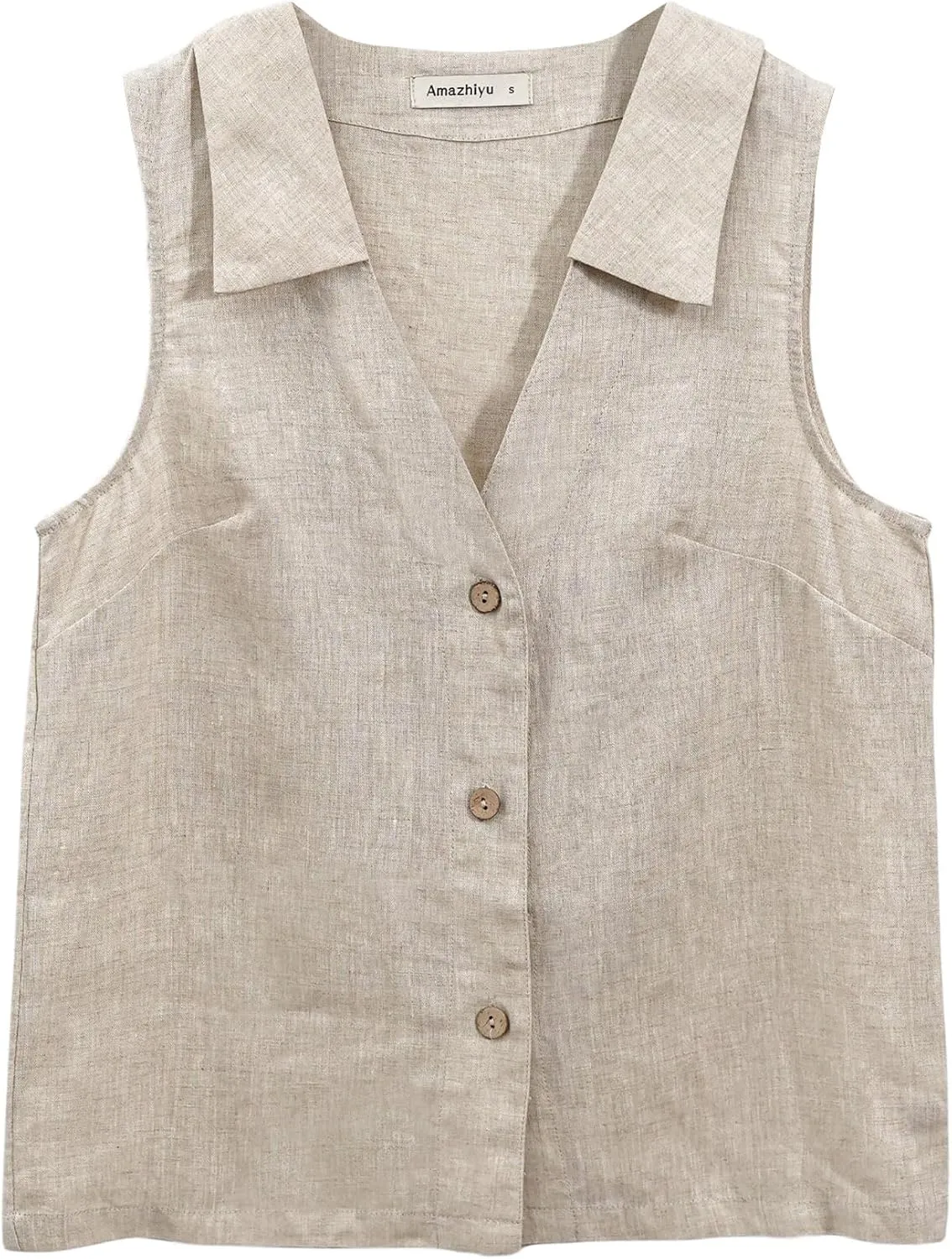 Amazhiyu Women's 100% Linen Summer Sleeveless Button-Down Tops Slight Crop Vest