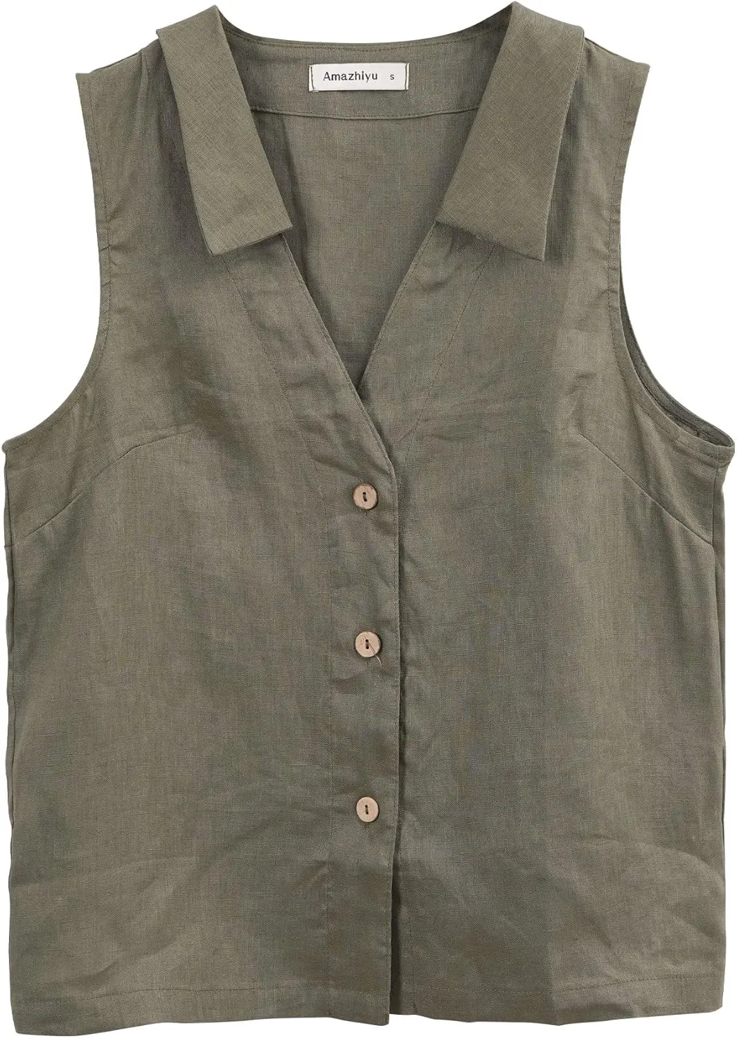 Amazhiyu Women's 100% Linen Summer Sleeveless Button-Down Tops Slight Crop Vest
