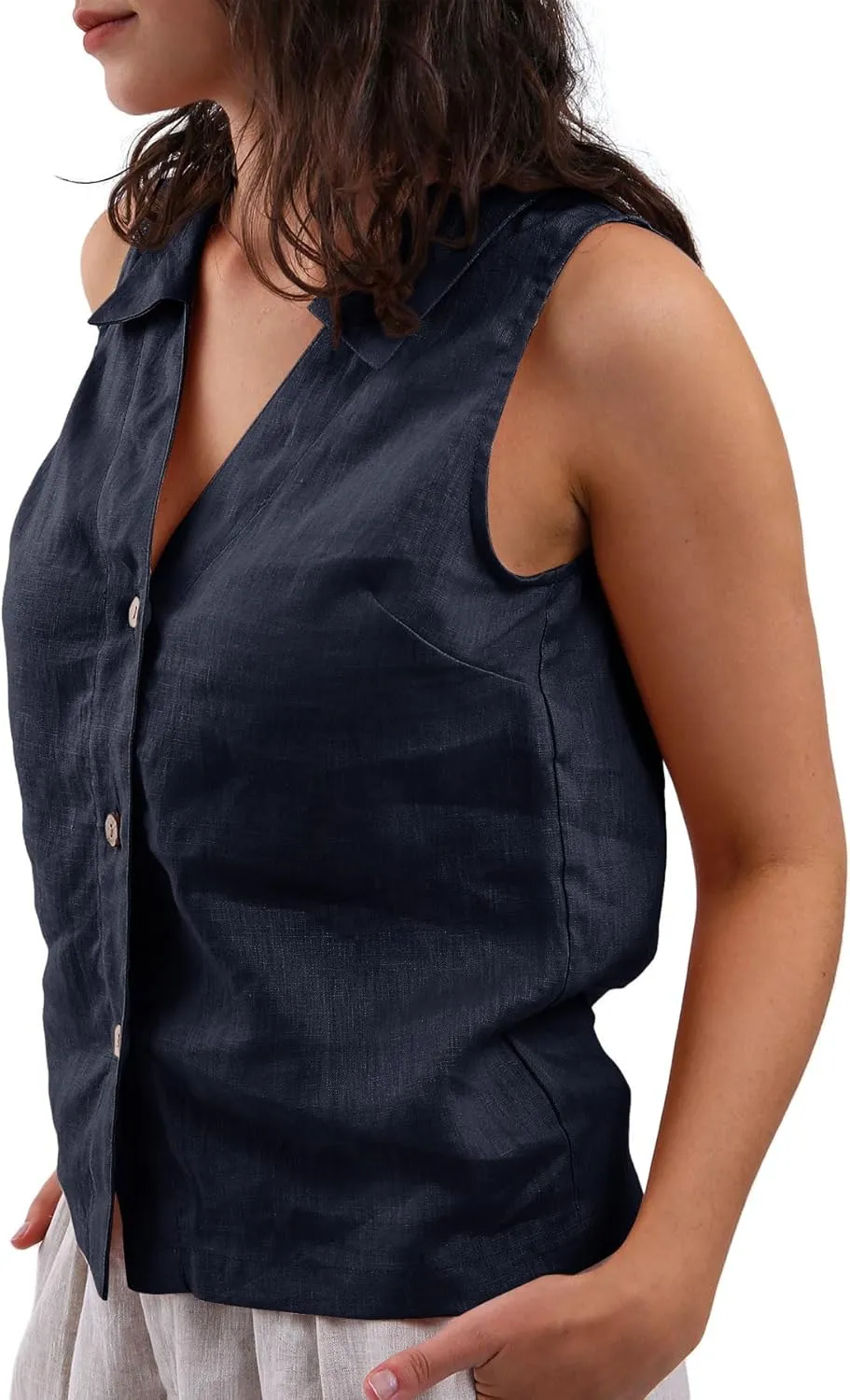 Amazhiyu Women's 100% Linen Summer Sleeveless Button-Down Tops Slight Crop Vest