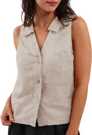 Amazhiyu Women's 100% Linen Summer Sleeveless Button-Down Tops Slight Crop Vest