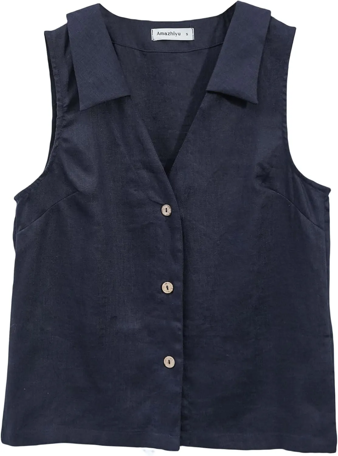 Amazhiyu Women's 100% Linen Summer Sleeveless Button-Down Tops Slight Crop Vest