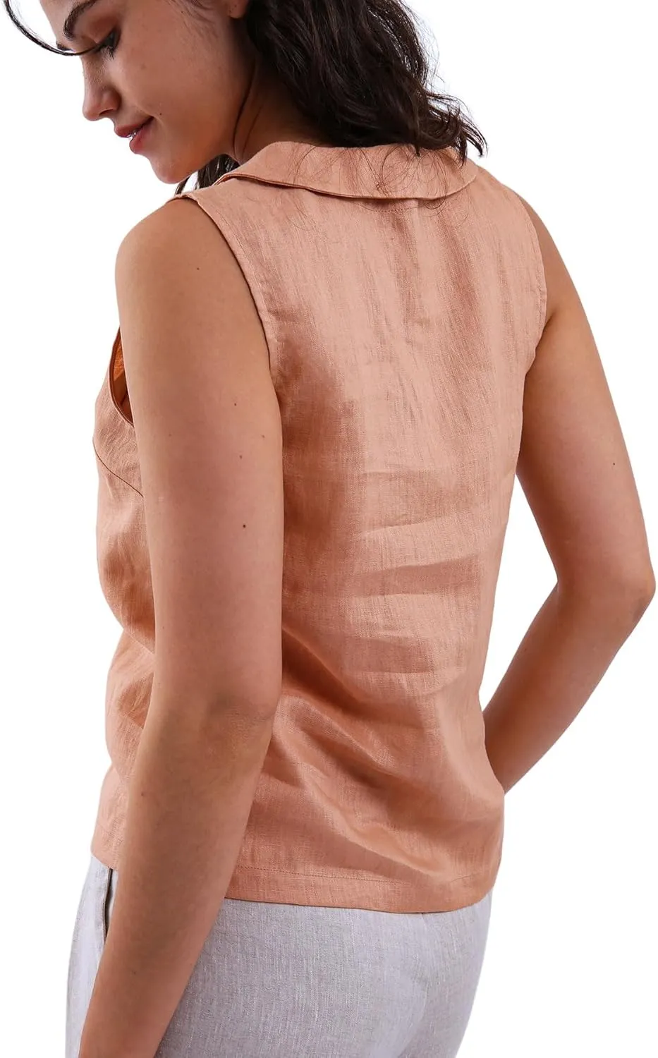 Amazhiyu Women's 100% Linen Summer Sleeveless Button-Down Tops Slight Crop Vest