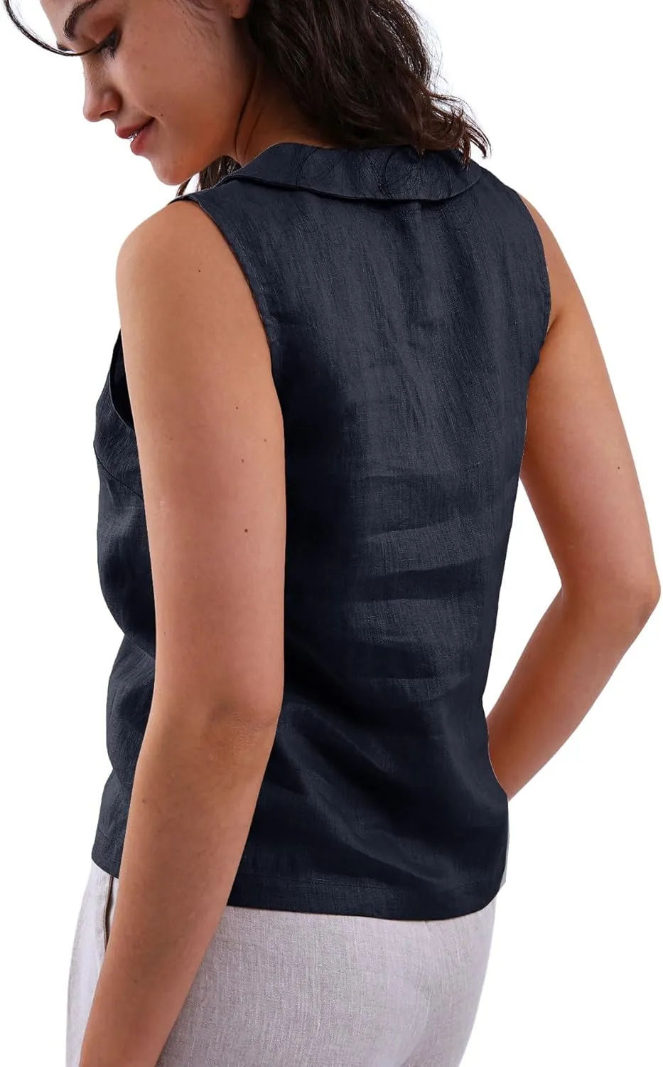 Amazhiyu Women's 100% Linen Summer Sleeveless Button-Down Tops Slight Crop Vest