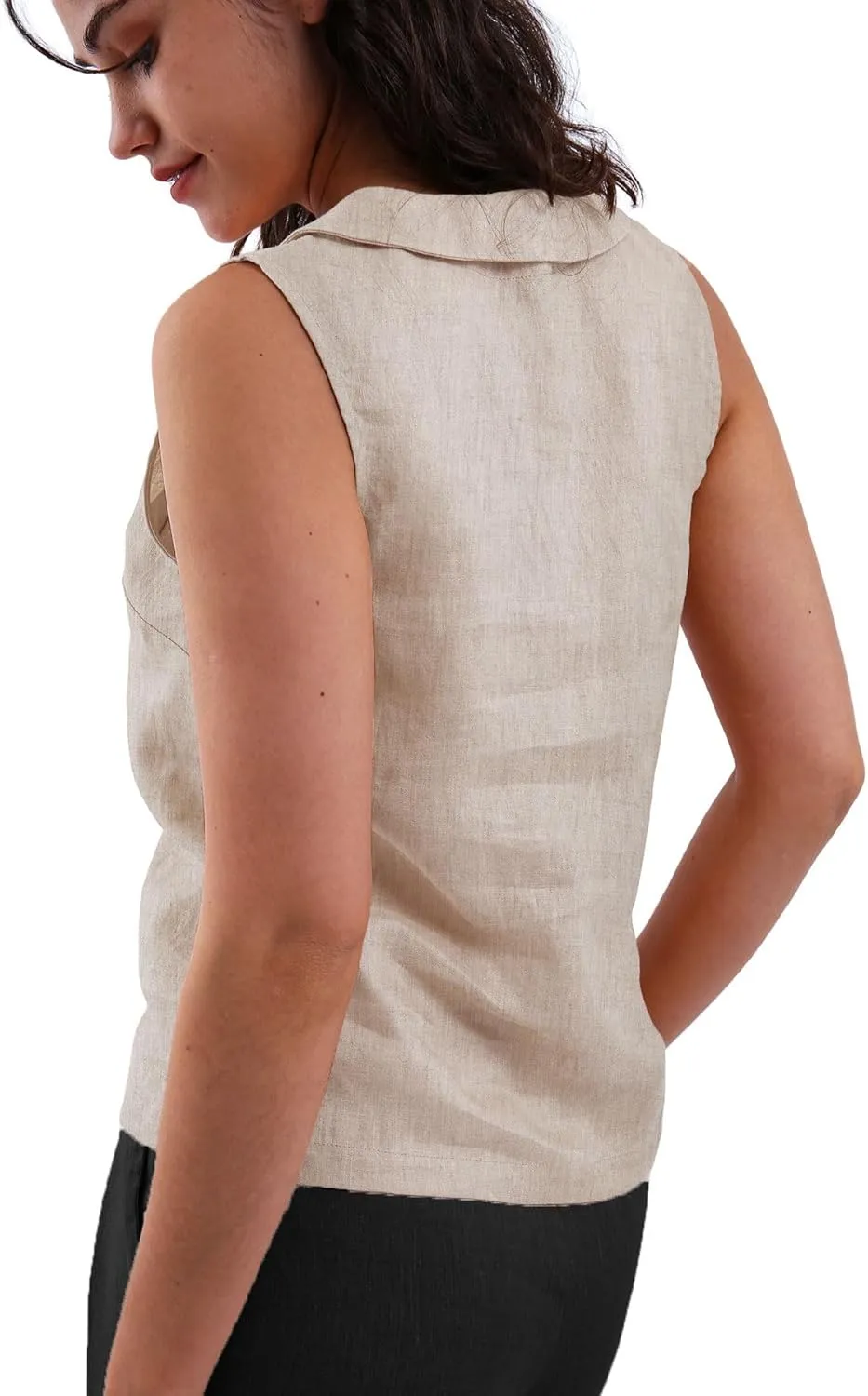 Amazhiyu Women's 100% Linen Summer Sleeveless Button-Down Tops Slight Crop Vest