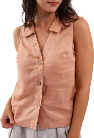 Amazhiyu Women's 100% Linen Summer Sleeveless Button-Down Tops Slight Crop Vest