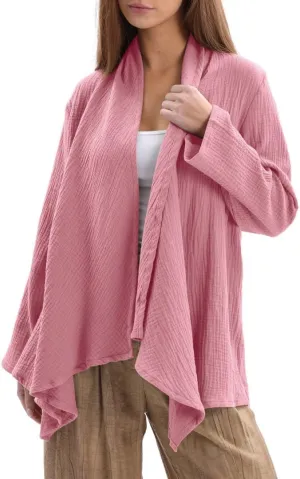 Amazhiyu Women's Cotton Gauze Draped Open Cardigan Summer Casual Asymmetric Tops