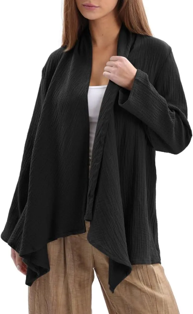 Amazhiyu Women's Cotton Gauze Draped Open Cardigan Summer Casual Asymmetric Tops