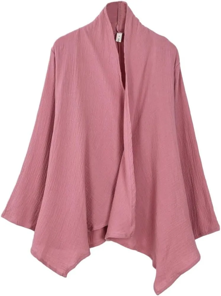 Amazhiyu Women's Cotton Gauze Draped Open Cardigan Summer Casual Asymmetric Tops