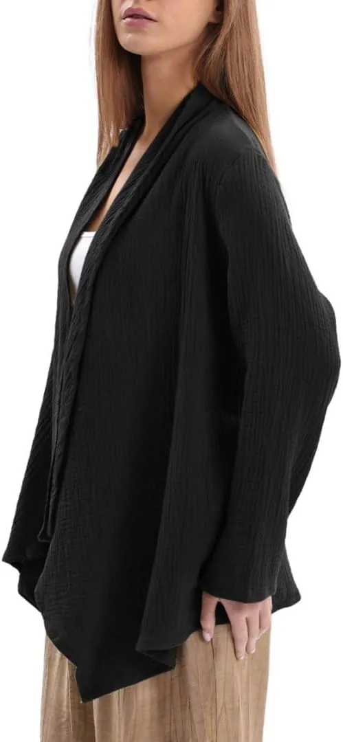 Amazhiyu Women's Cotton Gauze Draped Open Cardigan Summer Casual Asymmetric Tops