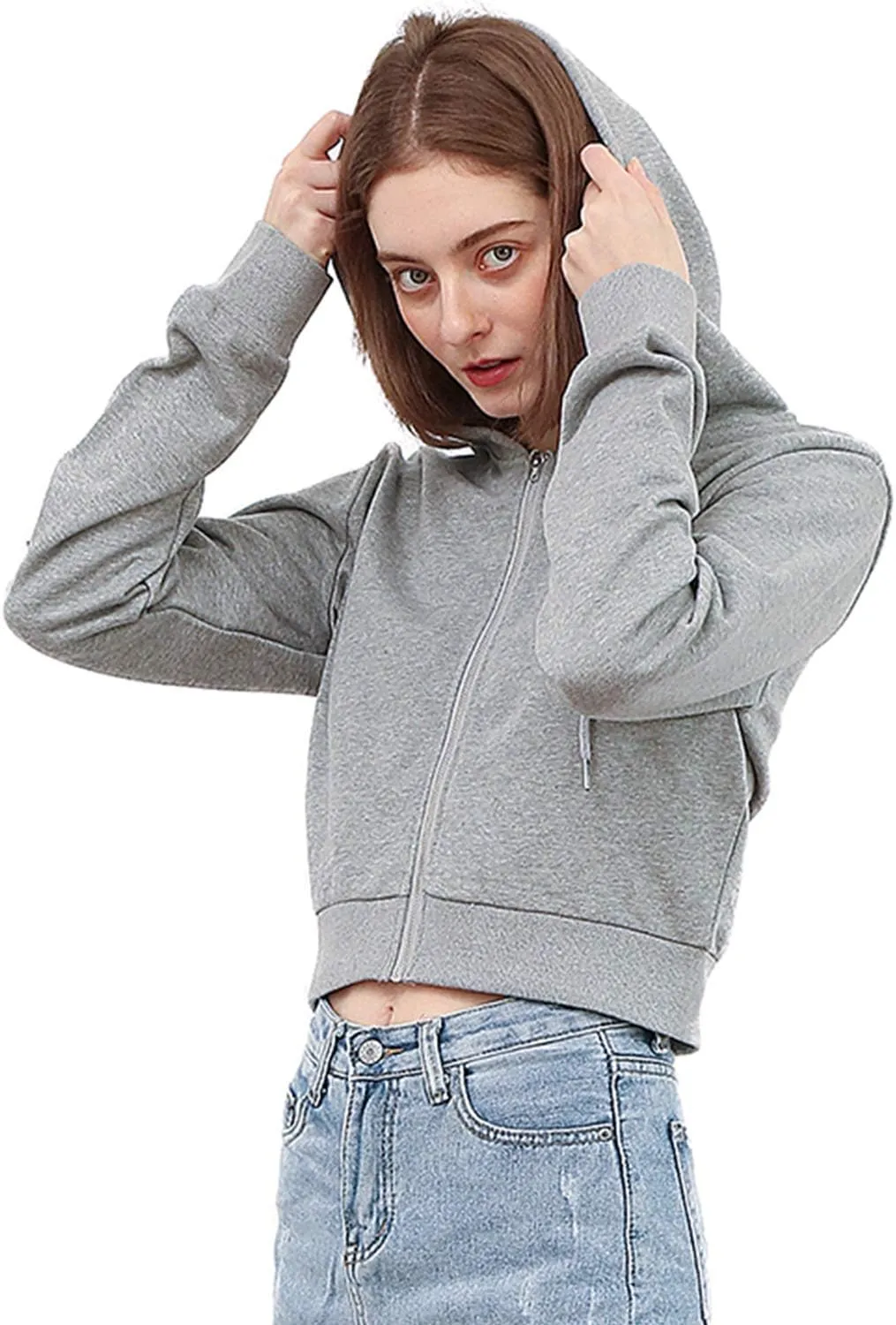 Amazhiyu Women's Cropped Zip up Hoodie Long Sleeves with Drawstring Hooded Cotton Crop Tops