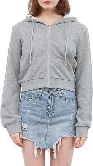 Amazhiyu Women's Cropped Zip up Hoodie Long Sleeves with Drawstring Hooded Cotton Crop Tops