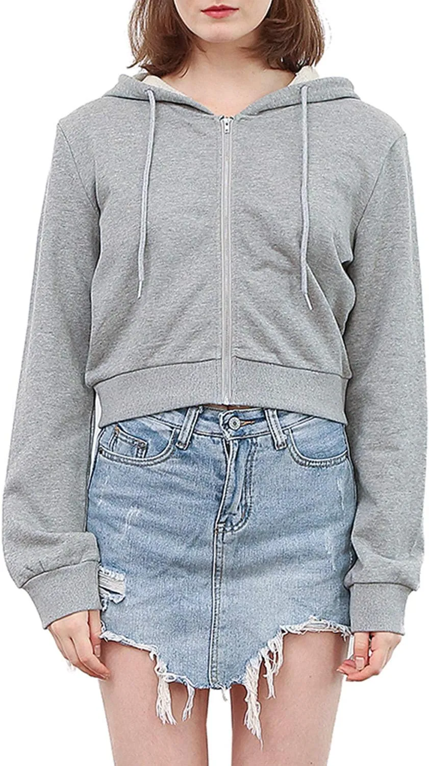 Amazhiyu Women's Cropped Zip up Hoodie Long Sleeves with Drawstring Hooded Cotton Crop Tops
