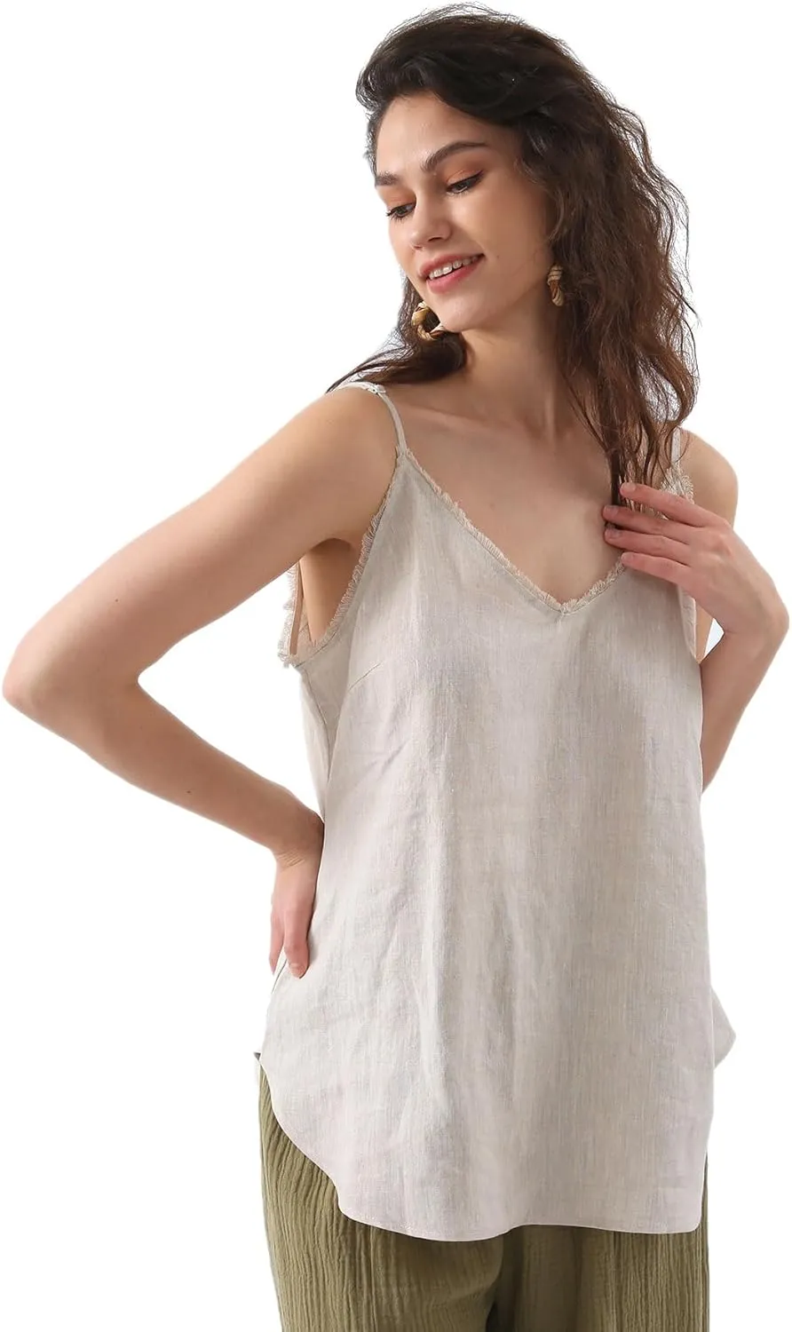 Amazhiyu Women's Pure Linen Summer Camisole Sleeveless V Neck Tops with Tassels
