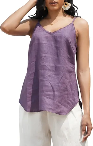 Amazhiyu Women's Pure Linen Summer Camisole Sleeveless V Neck Tops with Tassels