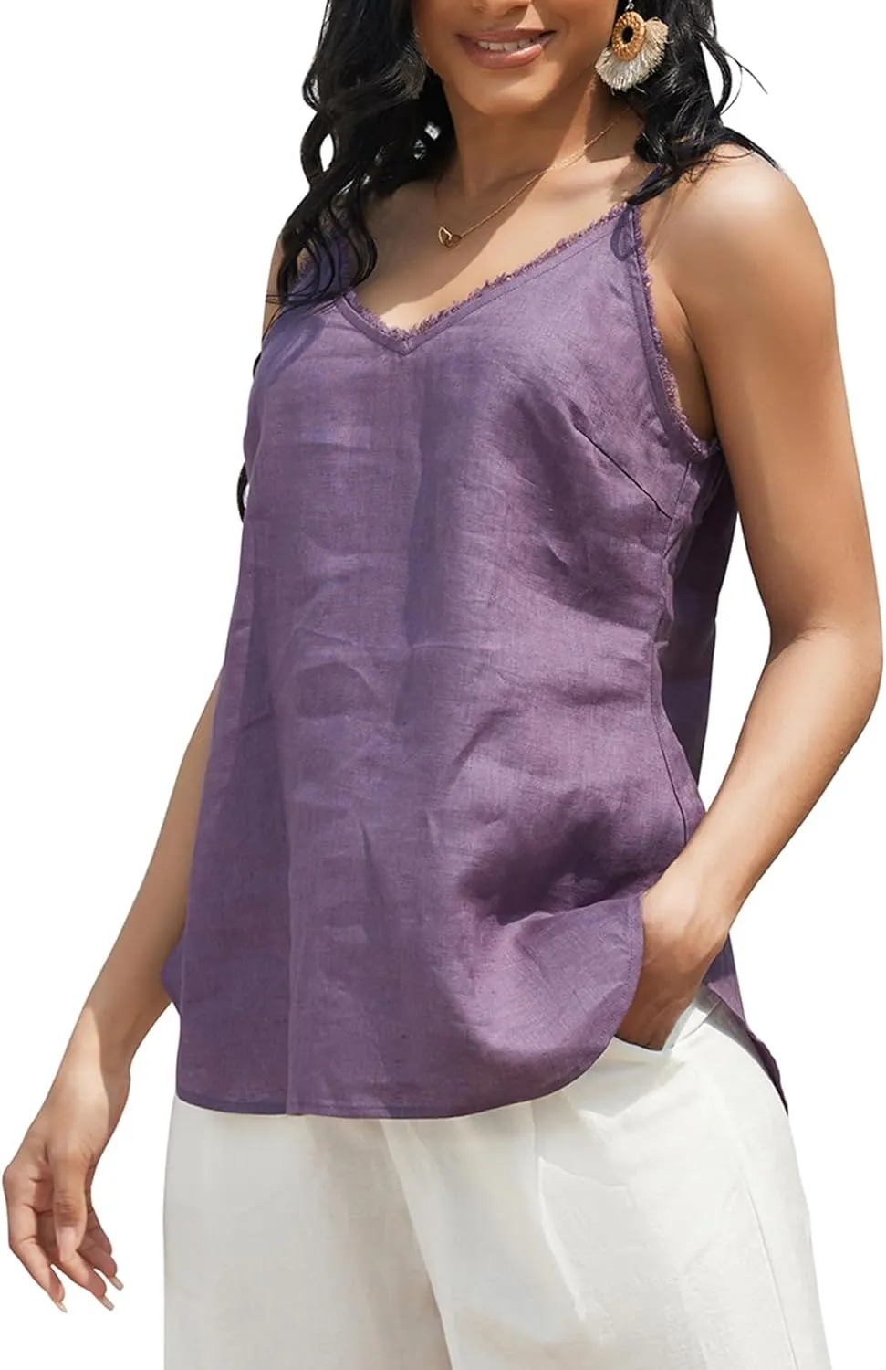 Amazhiyu Women's Pure Linen Summer Camisole Sleeveless V Neck Tops with Tassels