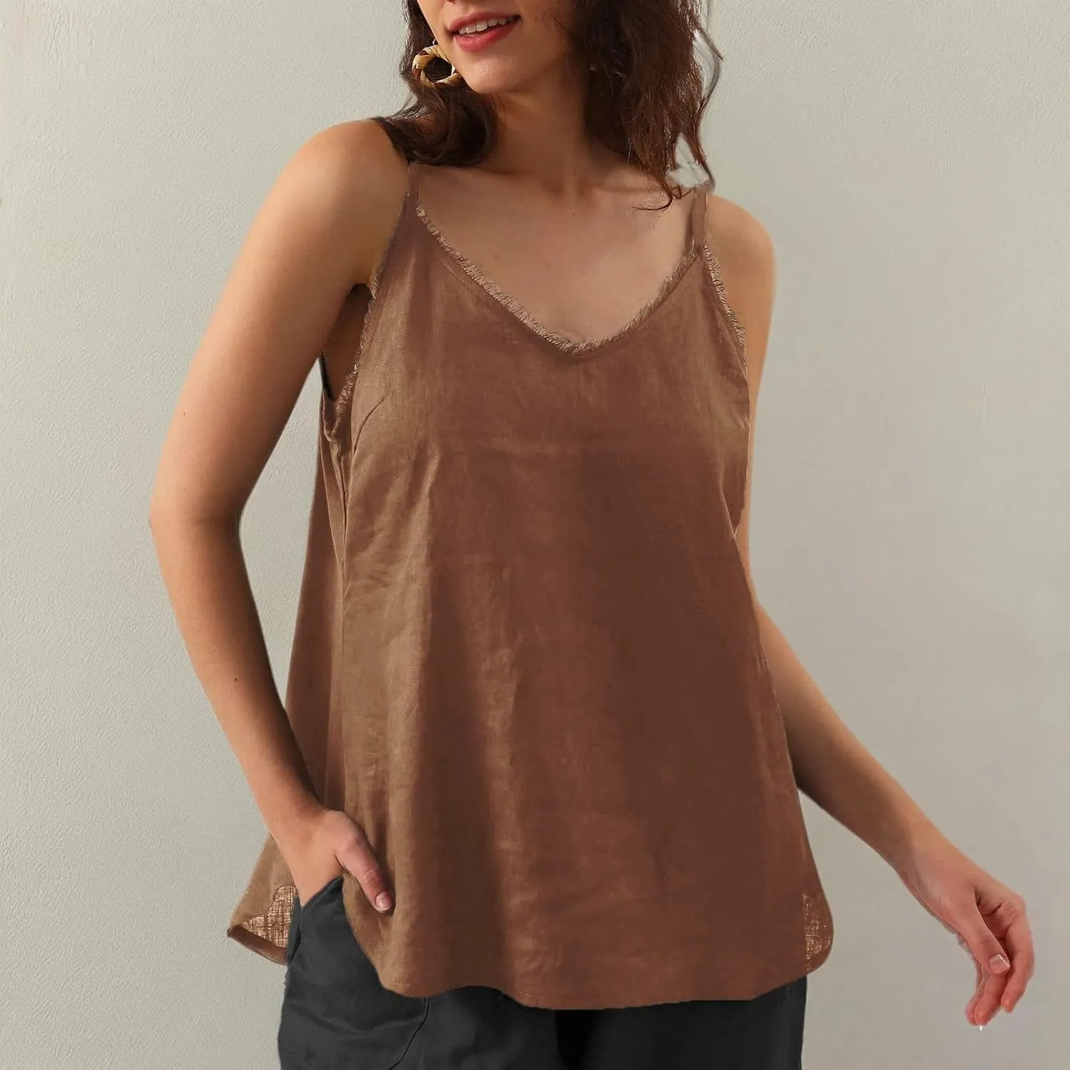 Amazhiyu Women's Pure Linen Summer Camisole Sleeveless V Neck Tops with Tassels