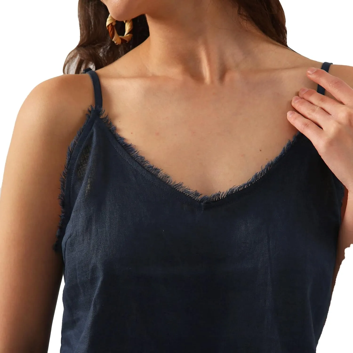 Amazhiyu Women's Pure Linen Summer Camisole Sleeveless V Neck Tops with Tassels