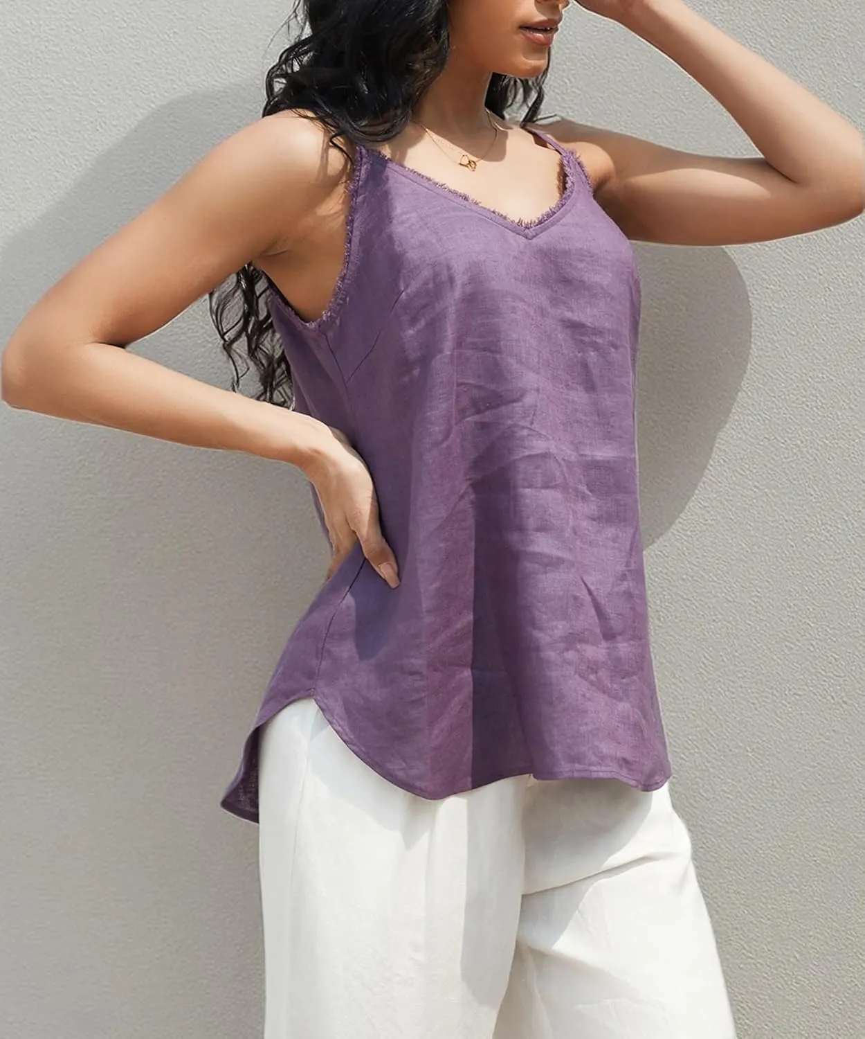 Amazhiyu Women's Pure Linen Summer Camisole Sleeveless V Neck Tops with Tassels