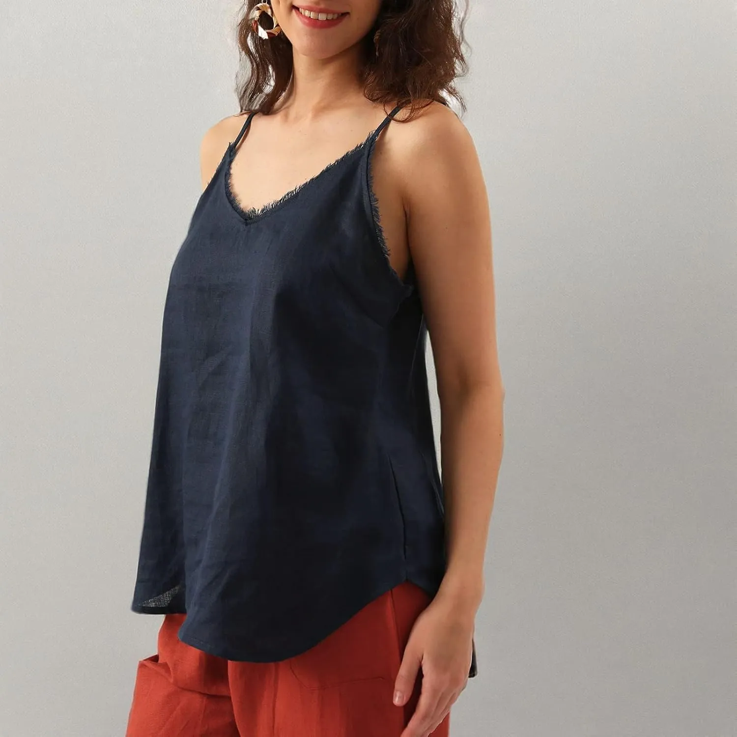 Amazhiyu Women's Pure Linen Summer Camisole Sleeveless V Neck Tops with Tassels