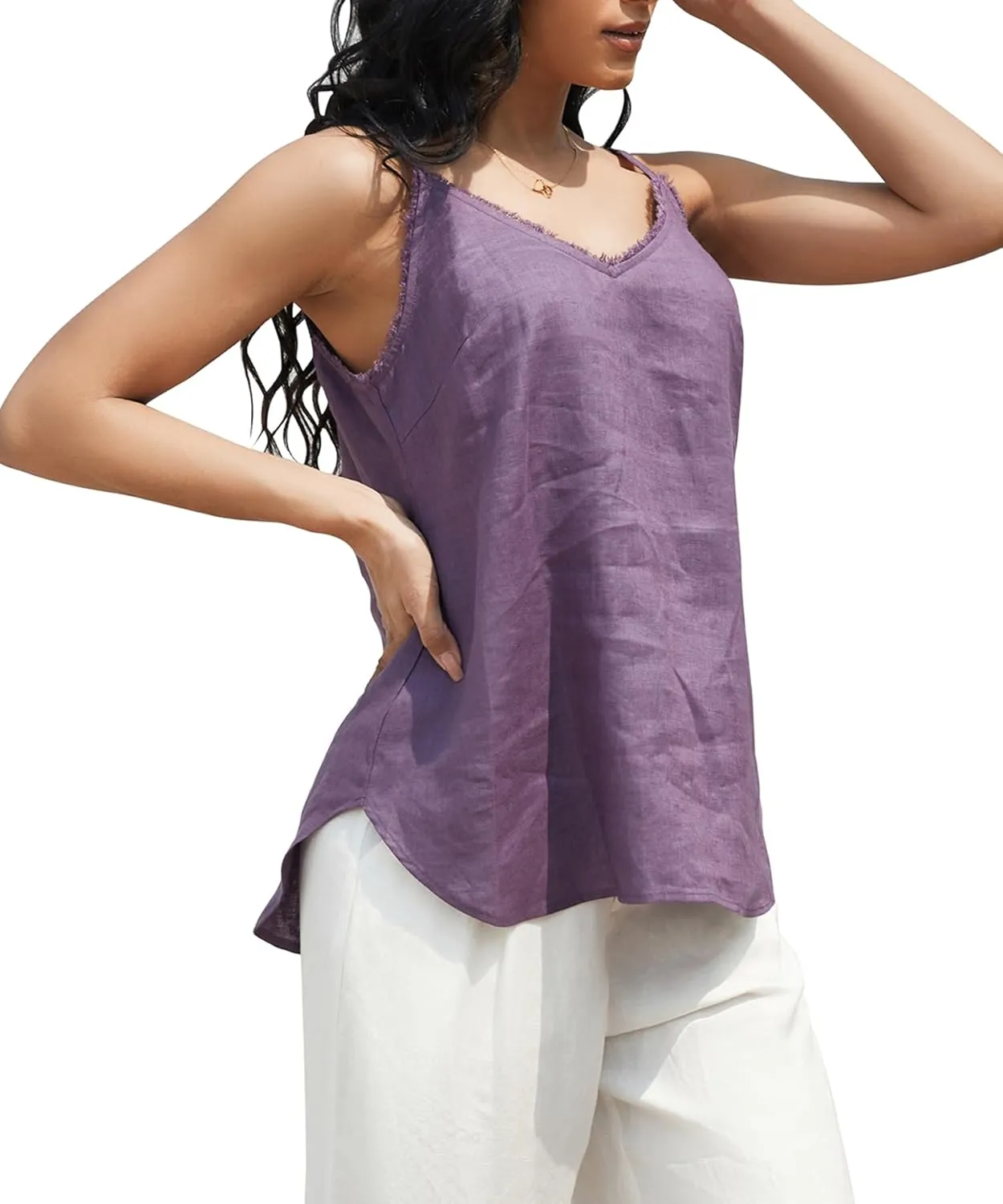 Amazhiyu Women's Pure Linen Summer Camisole Sleeveless V Neck Tops with Tassels