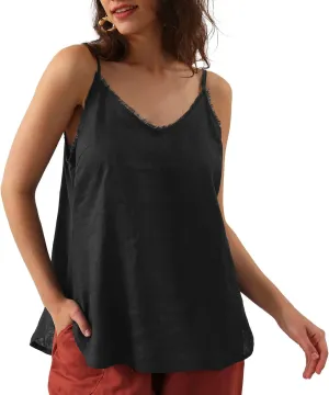 Amazhiyu Women's Pure Linen Summer Camisole Sleeveless V Neck Tops with Tassels
