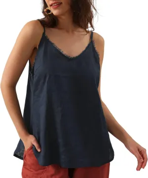 Amazhiyu Women's Pure Linen Summer Camisole Sleeveless V Neck Tops with Tassels