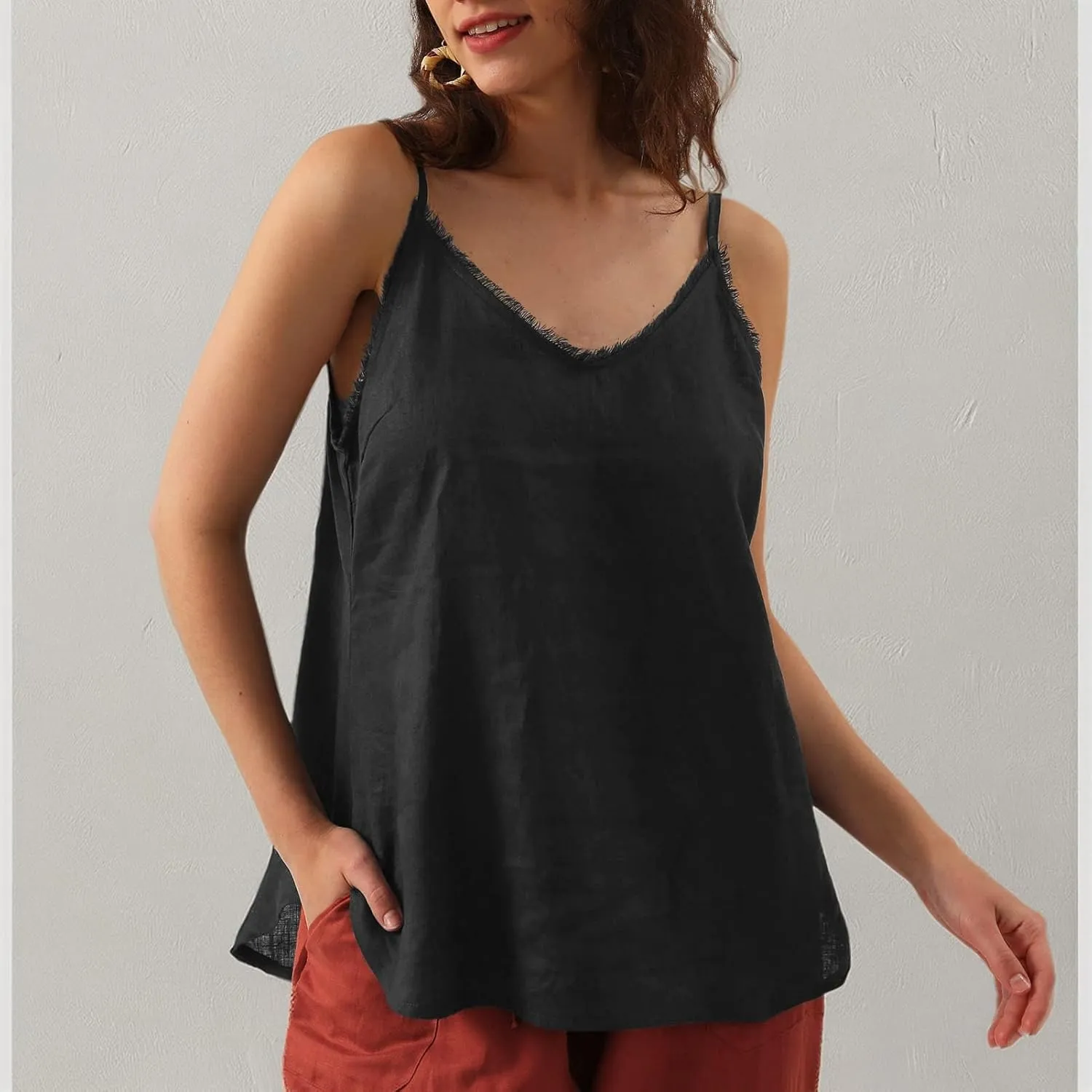 Amazhiyu Women's Pure Linen Summer Camisole Sleeveless V Neck Tops with Tassels
