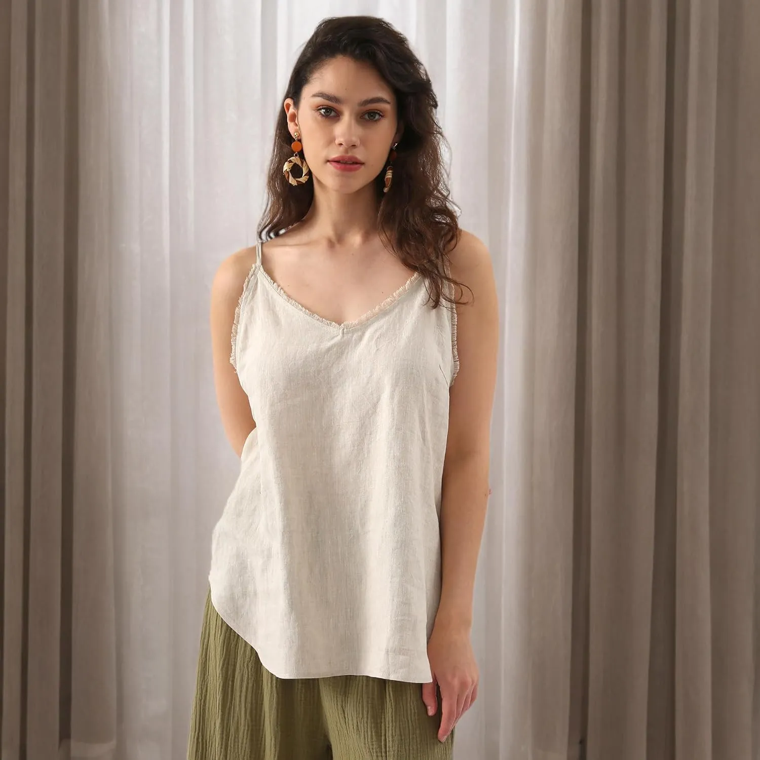 Amazhiyu Women's Pure Linen Summer Camisole Sleeveless V Neck Tops with Tassels