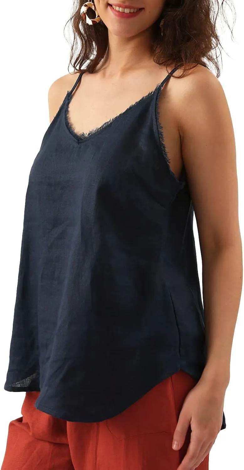 Amazhiyu Women's Pure Linen Summer Camisole Sleeveless V Neck Tops with Tassels