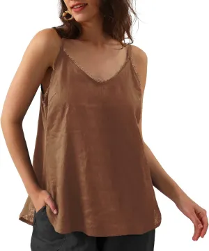 Amazhiyu Women's Pure Linen V Neck Camisole Summer Sleeveless Tops with Tassels