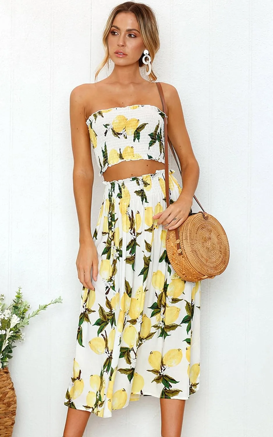 Angashion Women's Floral Crop Top Maxi Skirts Set 2 Piece Outfit Dress