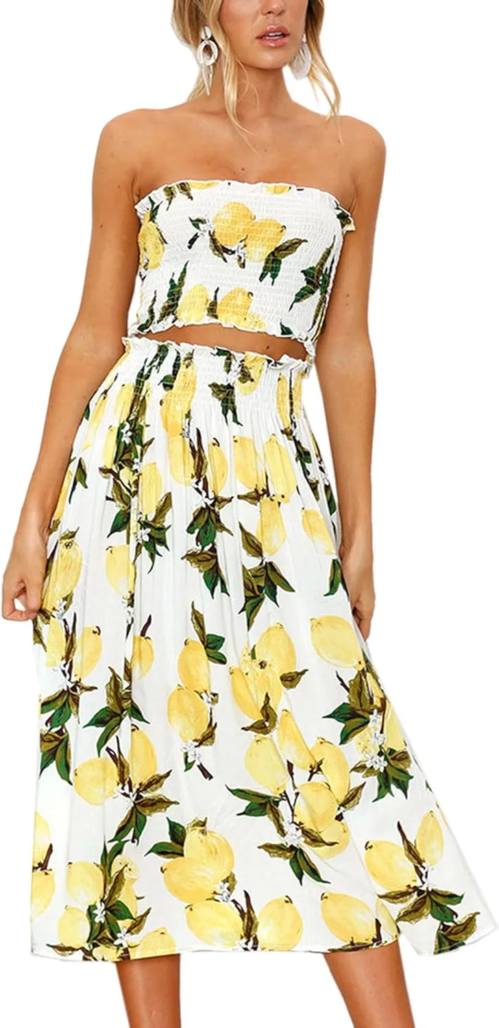 Angashion Women's Floral Crop Top Maxi Skirts Set 2 Piece Outfit Dress