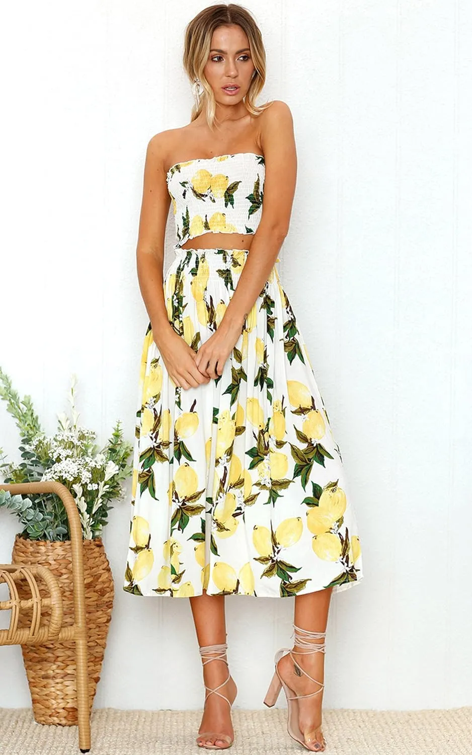 Angashion Women's Floral Crop Top Maxi Skirts Set 2 Piece Outfit Dress