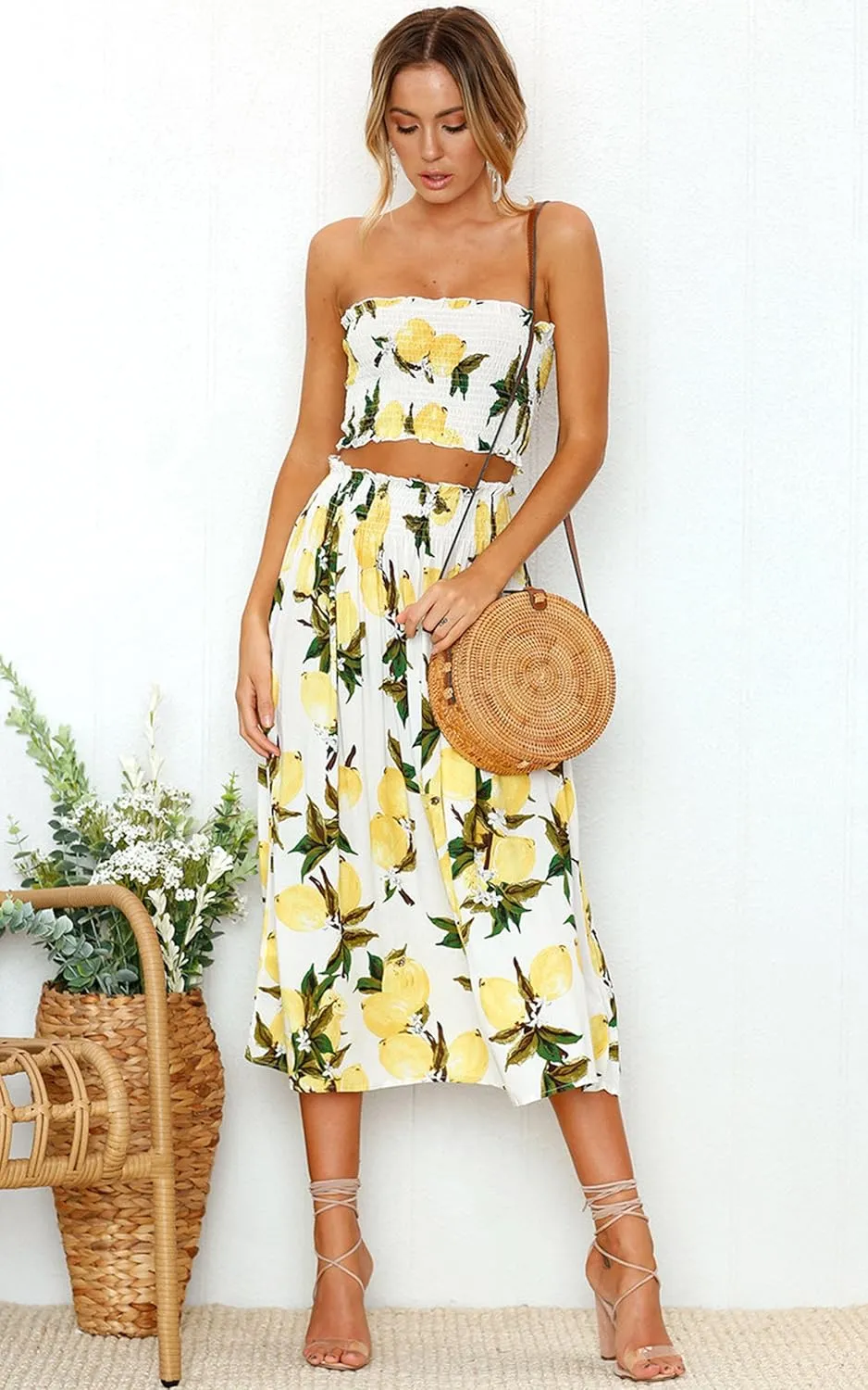 Angashion Women's Floral Crop Top Maxi Skirts Set 2 Piece Outfit Dress