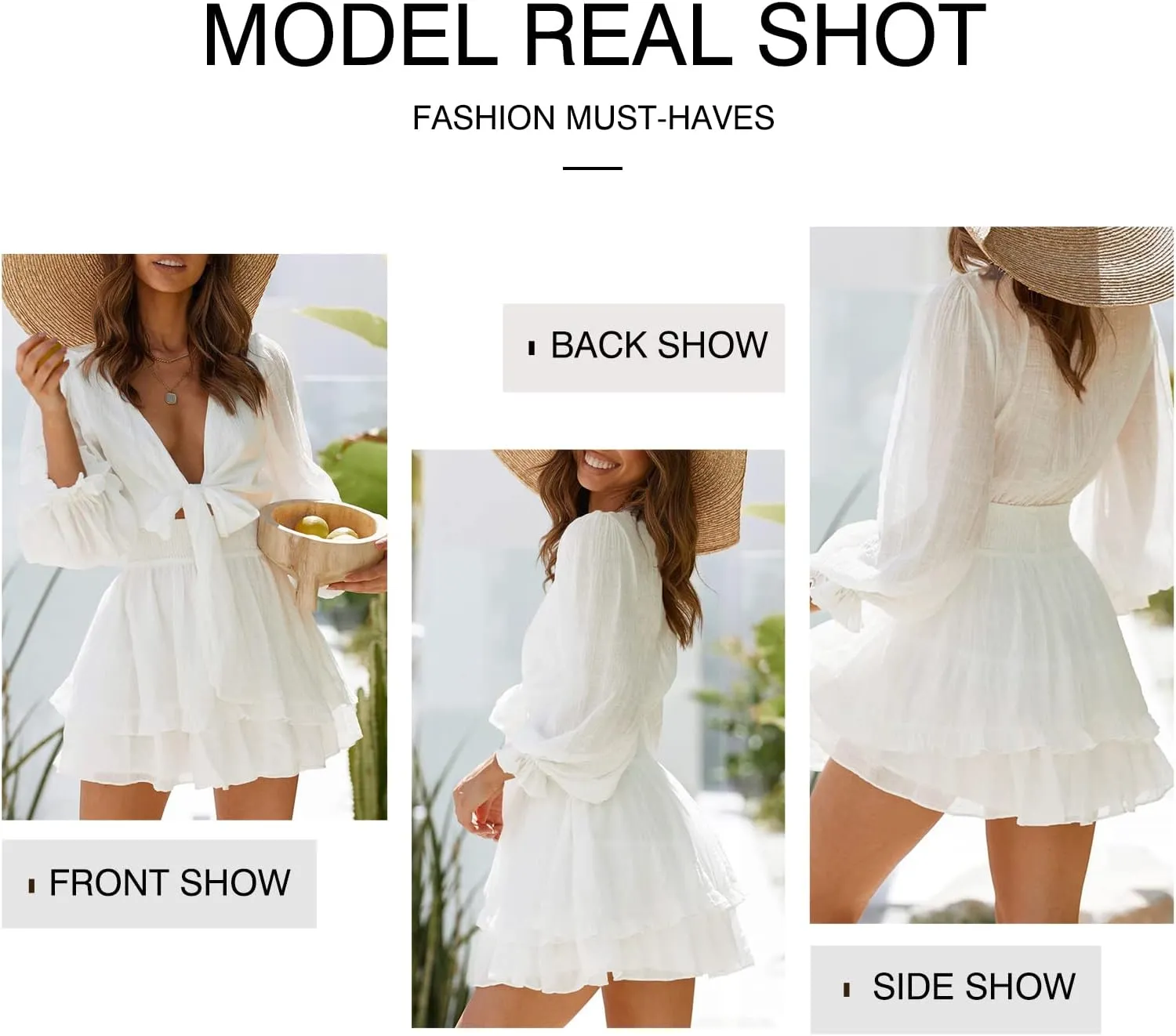 Anloli Womens Fall Summer Dress Deep V Neck Ruffles Floral Print Long Sleeve Tie Strap Mini Dresses