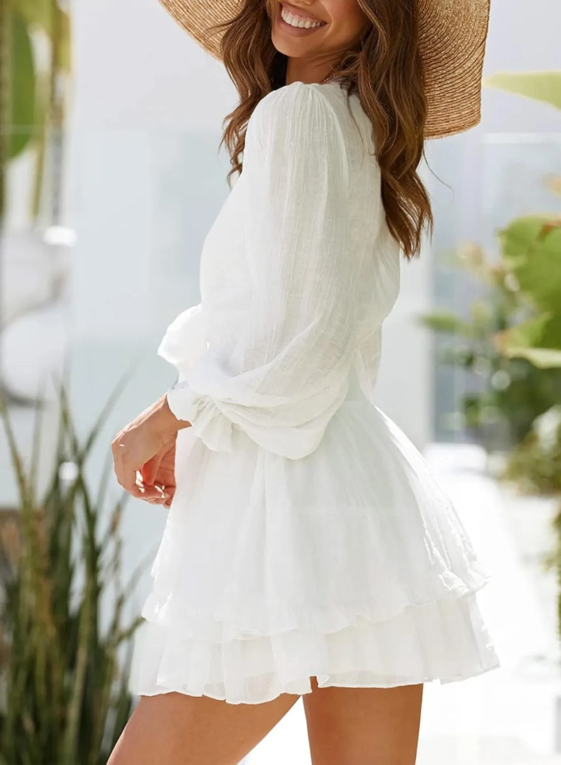 Anloli Womens Fall Summer Dress Deep V Neck Ruffles Floral Print Long Sleeve Tie Strap Mini Dresses