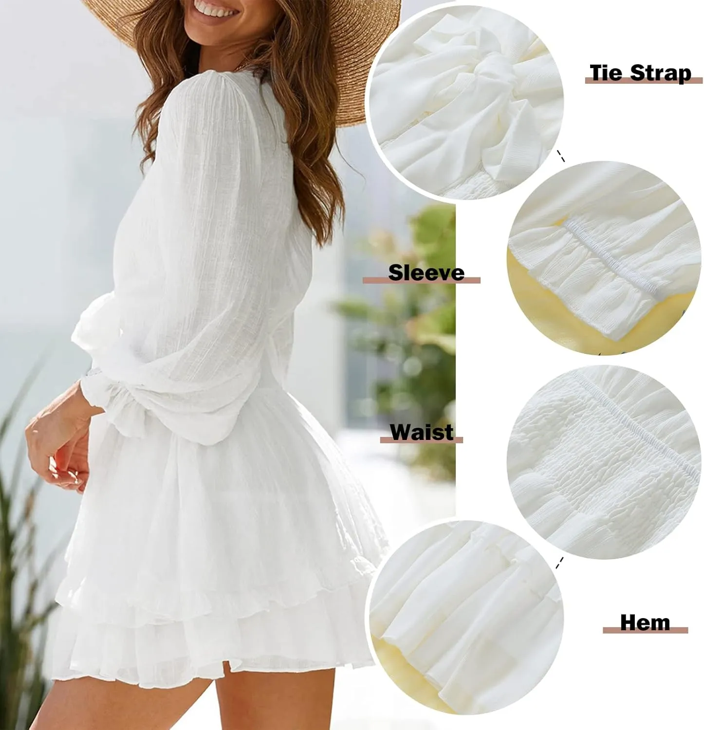 Anloli Womens Fall Summer Dress Deep V Neck Ruffles Floral Print Long Sleeve Tie Strap Mini Dresses