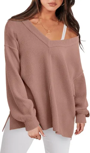 ANRABESS Oversized Long Sleeve Shirts for Women Off the Shoulder Sweatshirt Loose V Neck Tunic Tops High Low Sweater 2024