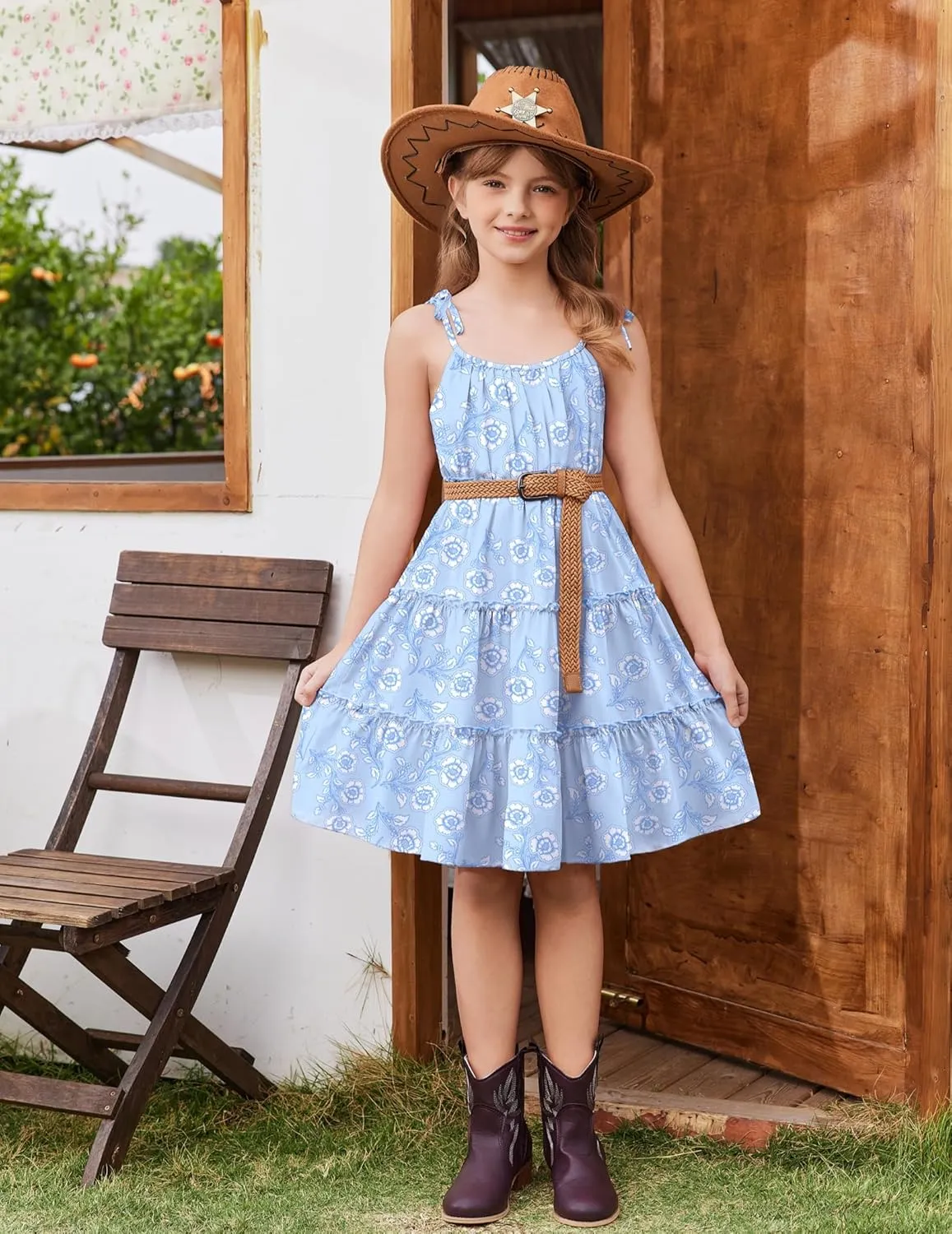 Arshiner Girls' Summer Sundress Boho Spaghetti Strap Ruffled Tiered Dresses Casual Midi Cami Dress