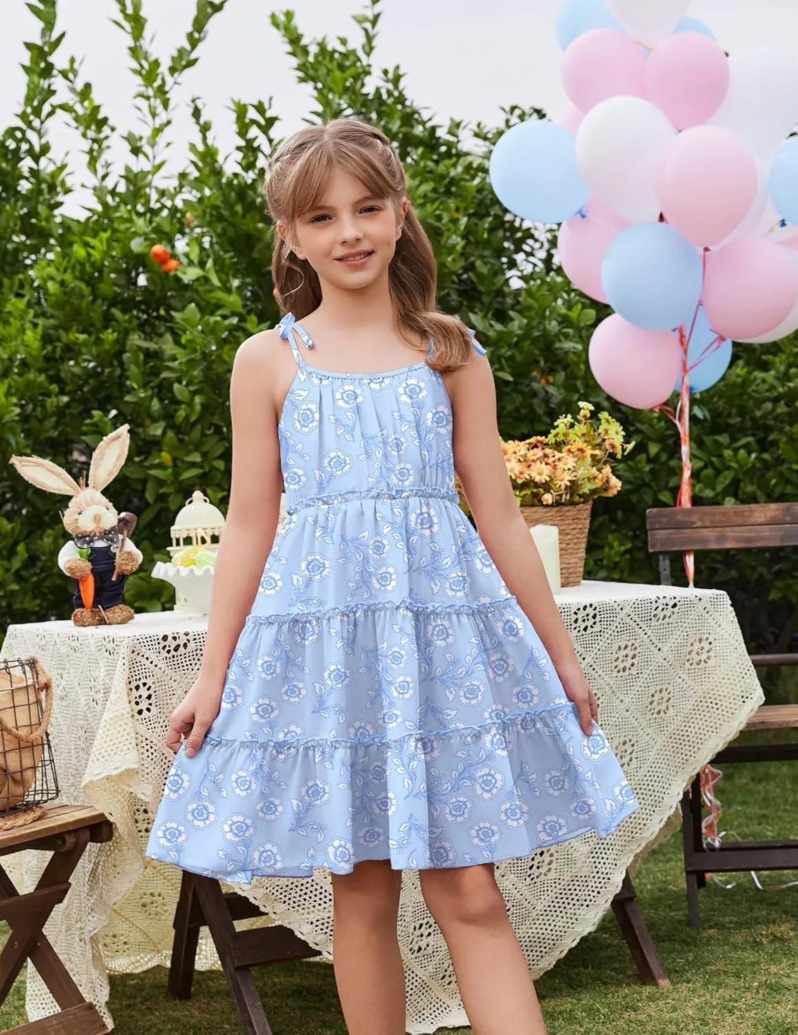 Arshiner Girls' Summer Sundress Boho Spaghetti Strap Ruffled Tiered Dresses Casual Midi Cami Dress