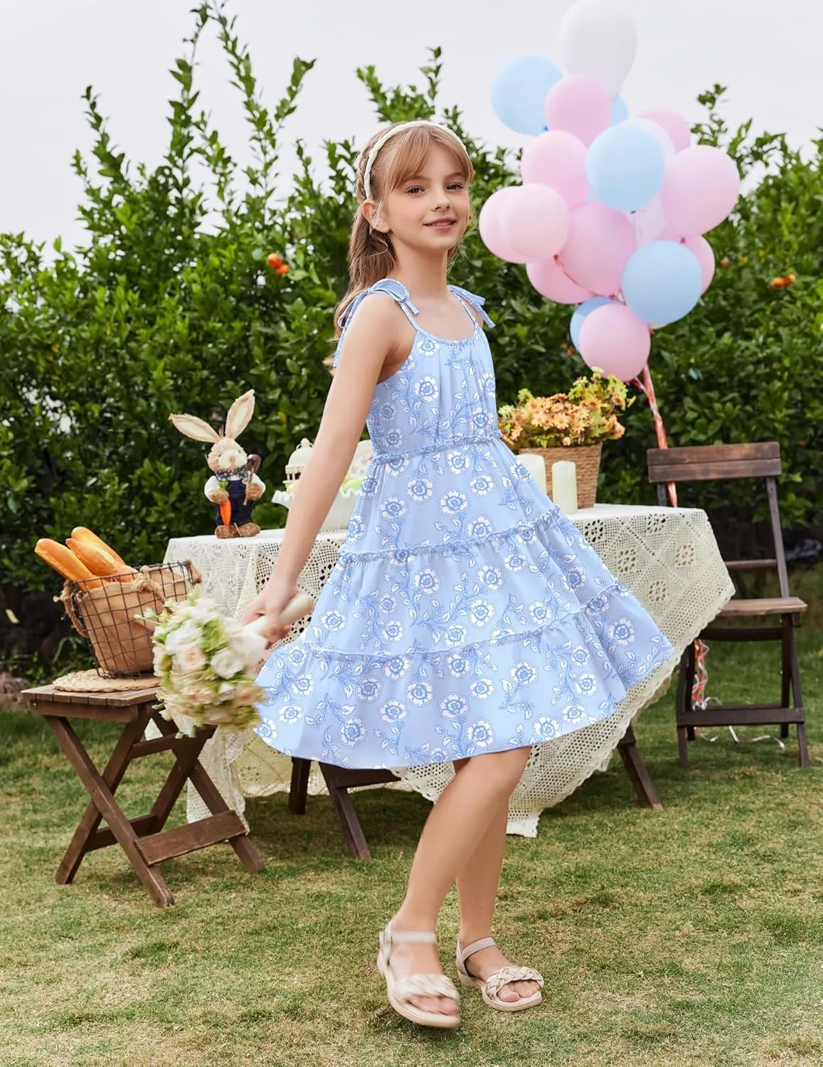Arshiner Girls' Summer Sundress Boho Spaghetti Strap Ruffled Tiered Dresses Casual Midi Cami Dress