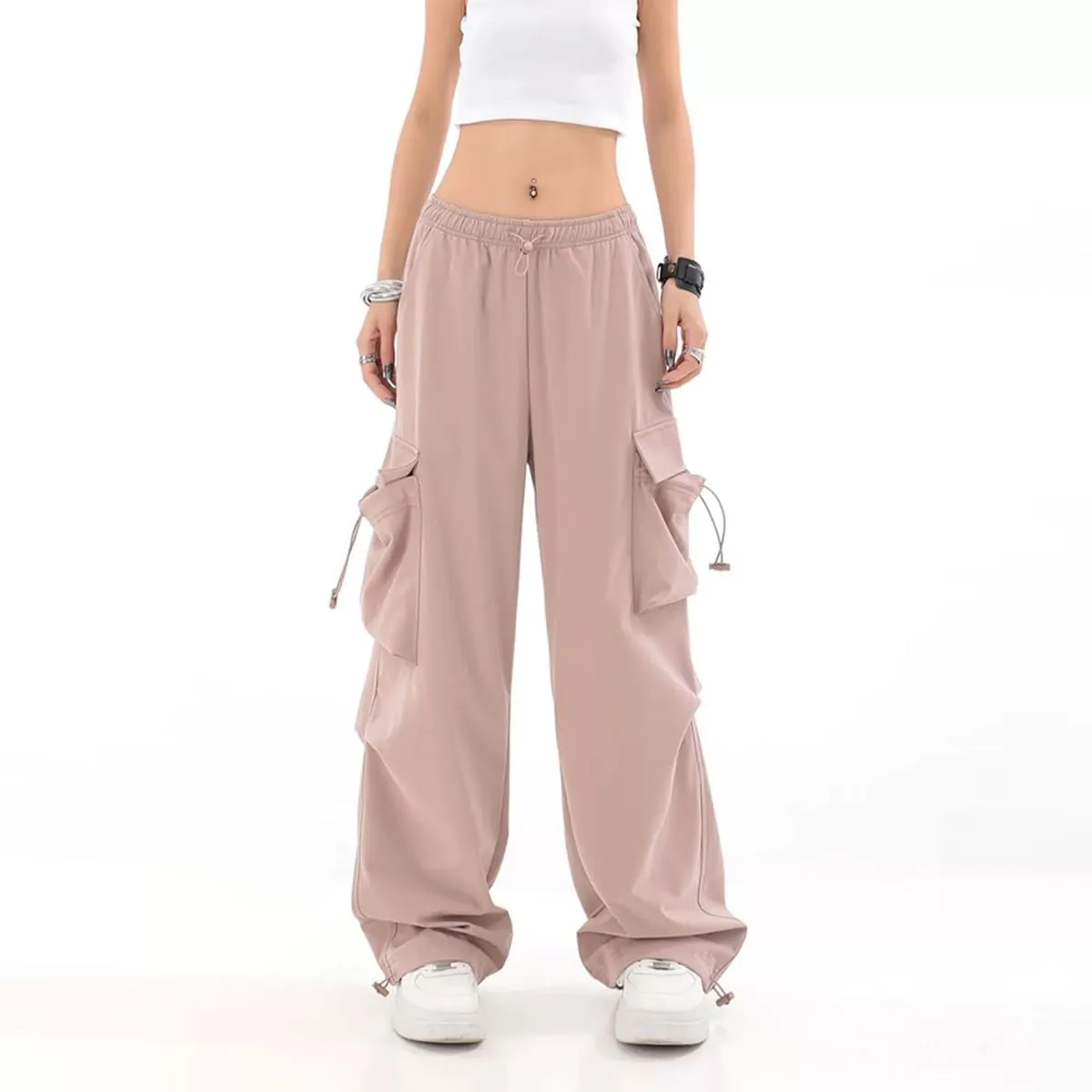 Baggy Parachute Pants for Womens Wide Leg Cargo Pants Y2k with Pockets Boyfriend Harajuku Streetwear Goth