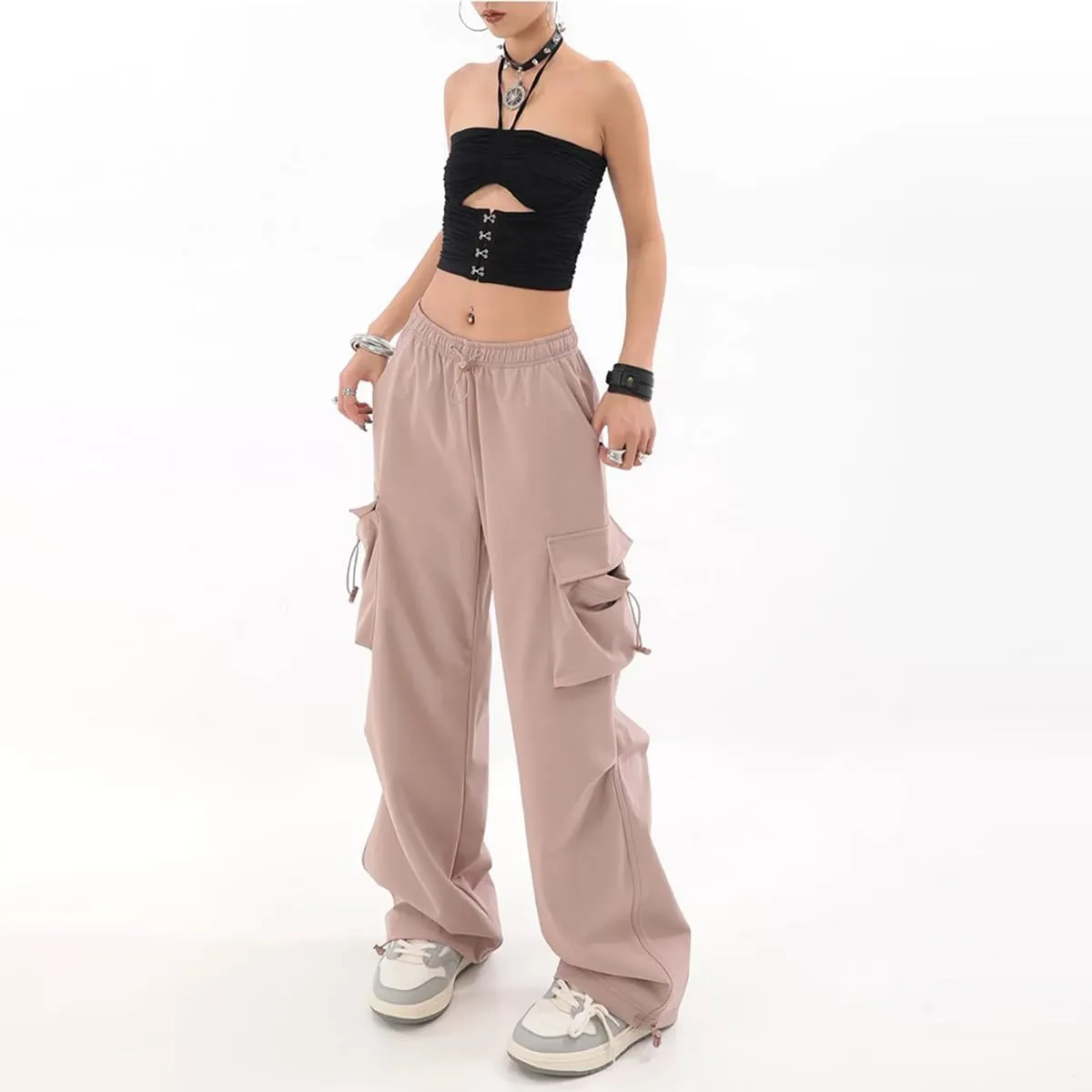 Baggy Parachute Pants for Womens Wide Leg Cargo Pants Y2k with Pockets Boyfriend Harajuku Streetwear Goth