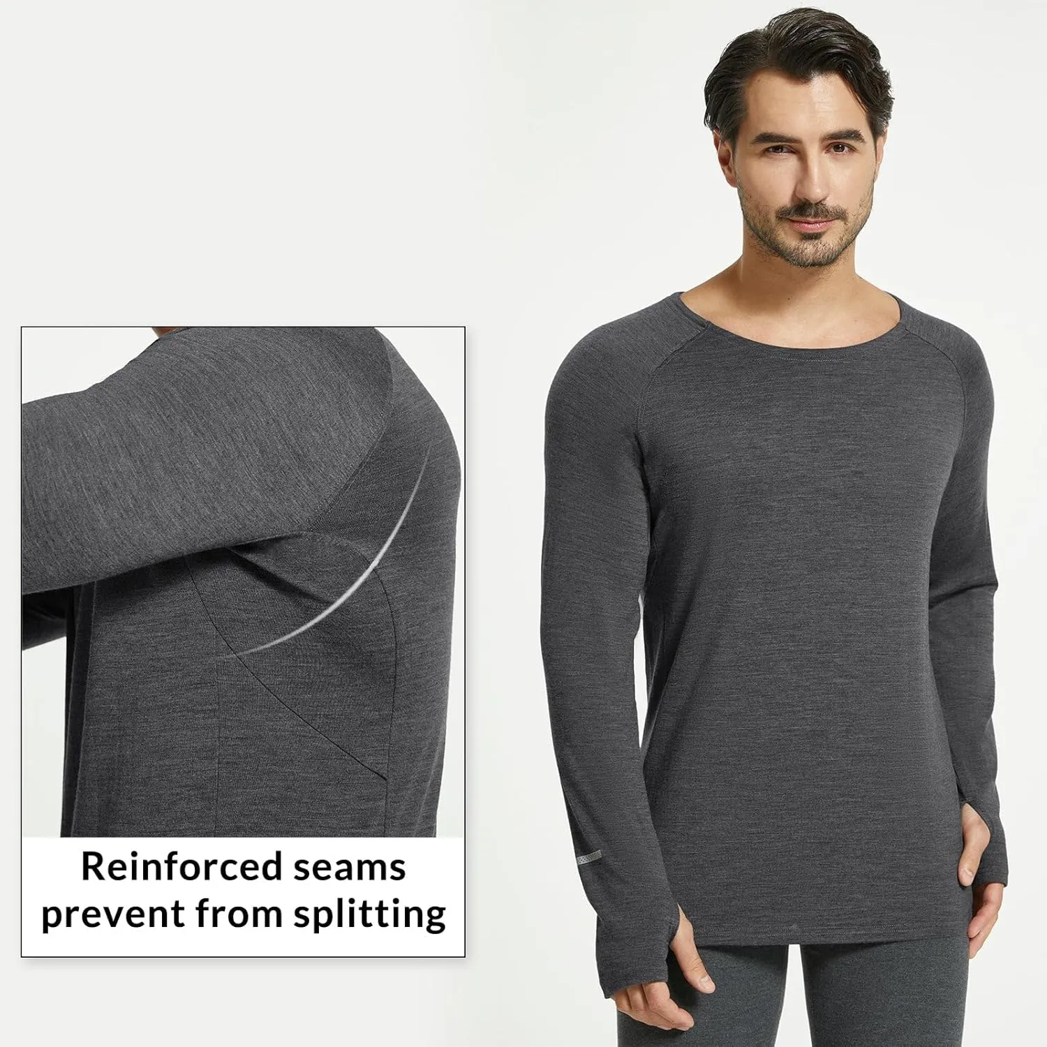 baleaf Men's 100% Merino Wool Base Layer Thermal Underwear Warm Insulating Undershirts with Balaclava Ski Snowboarding