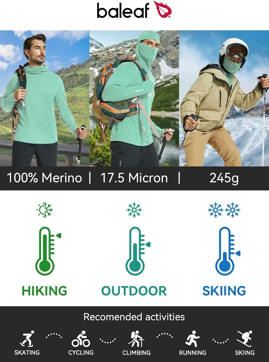 baleaf Men's 100% Merino Wool Base Layer Thermal Underwear Warm Insulating Undershirts with Balaclava Ski Snowboarding