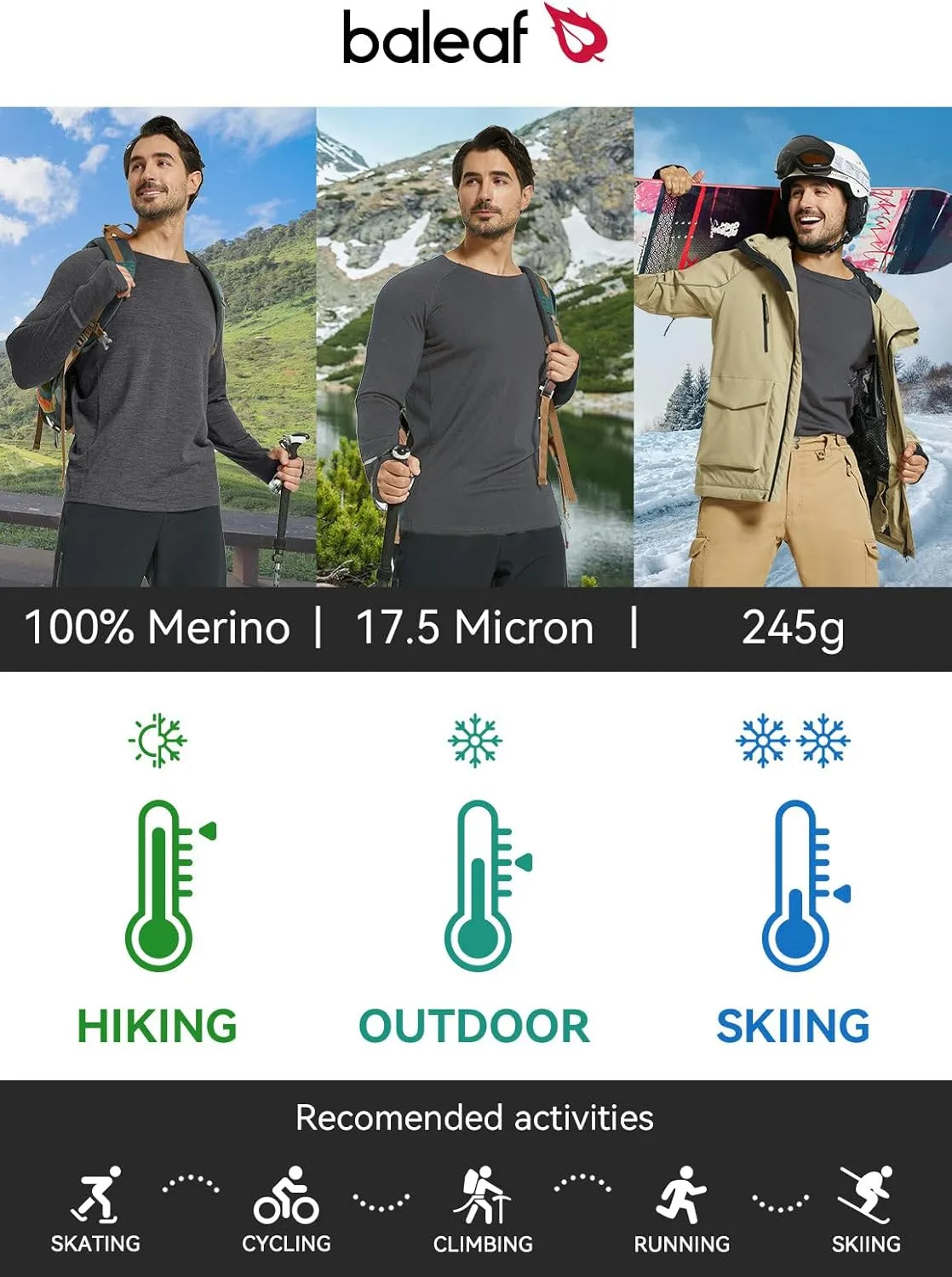 baleaf Men's 100% Merino Wool Base Layer Thermal Underwear Warm Insulating Undershirts with Balaclava Ski Snowboarding